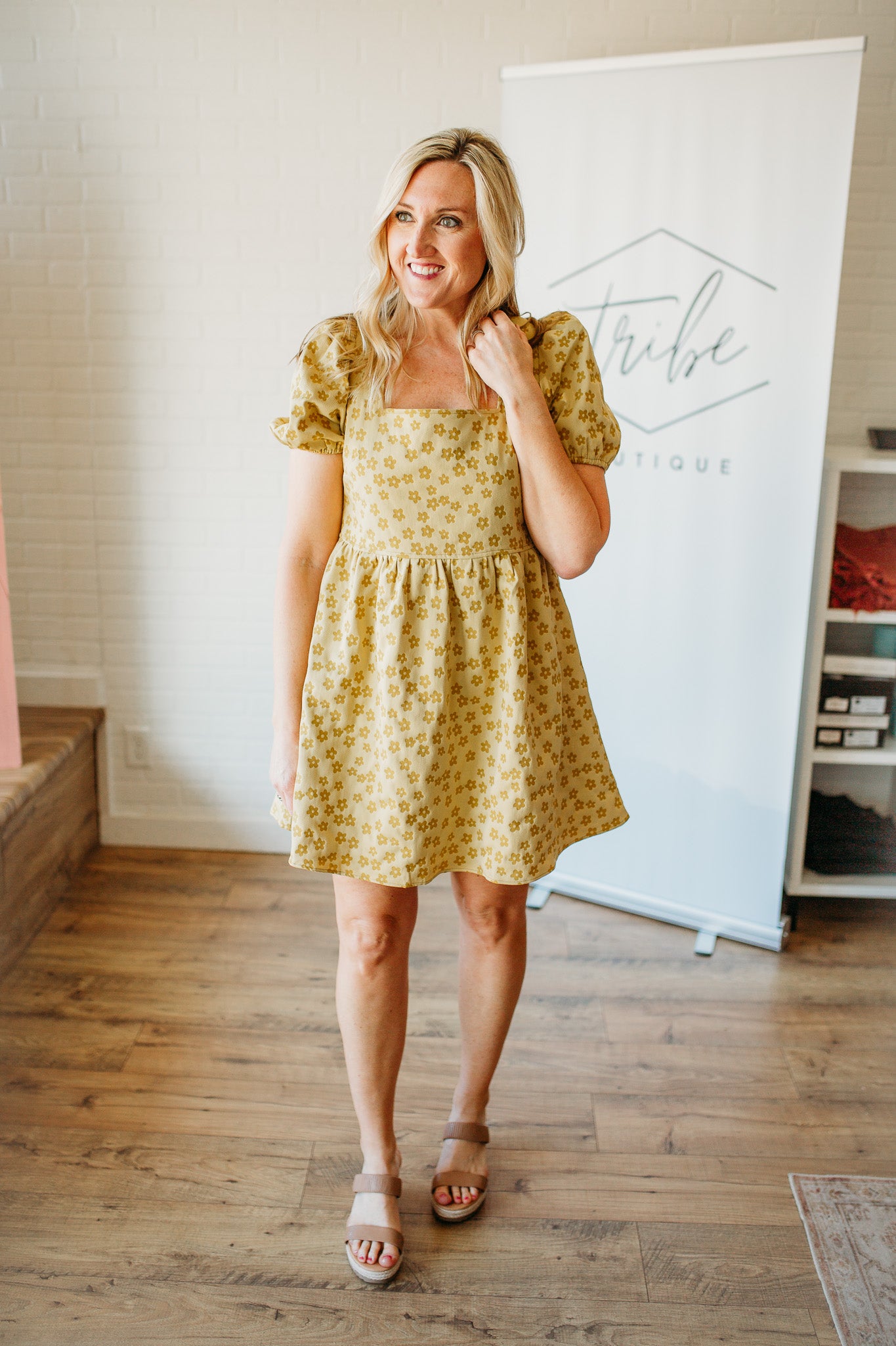 Fashion mustard babydoll dress