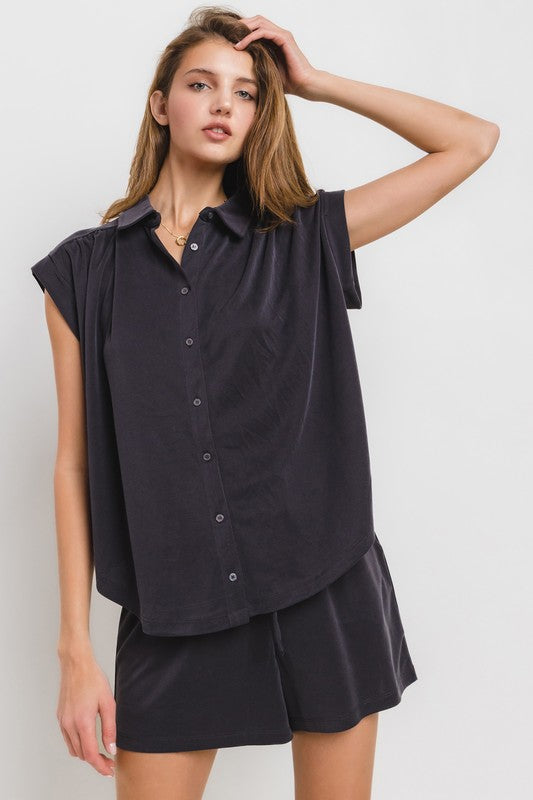 Black Rolled Sleeve Button Up