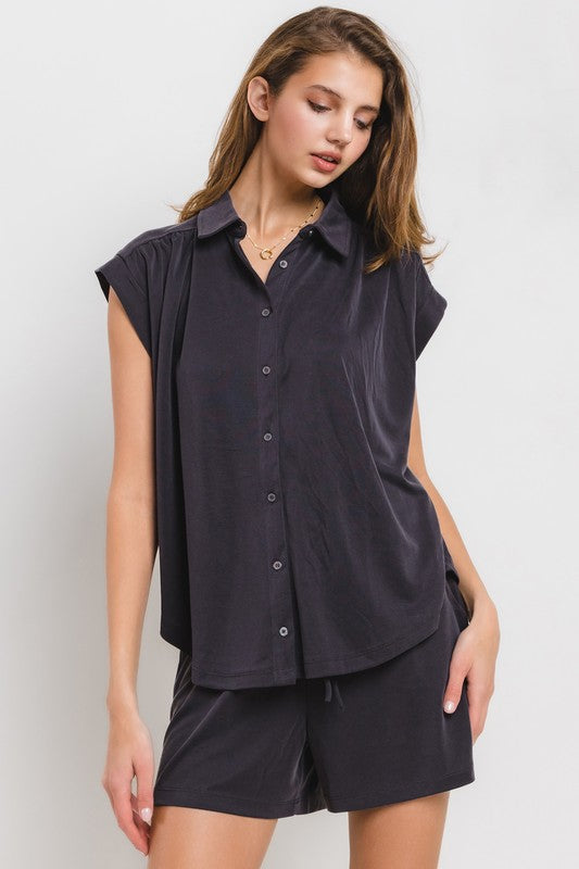 Black Rolled Sleeve Button Up