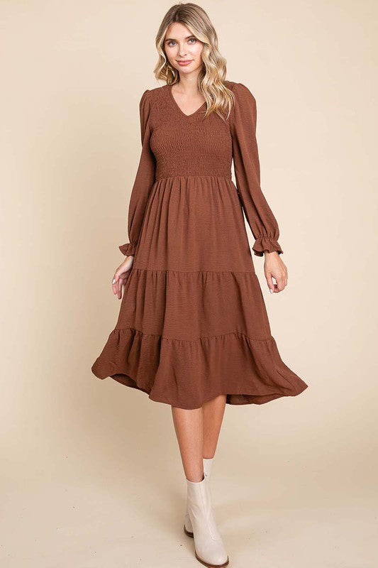 Black/Brown Smocked Midi Dress