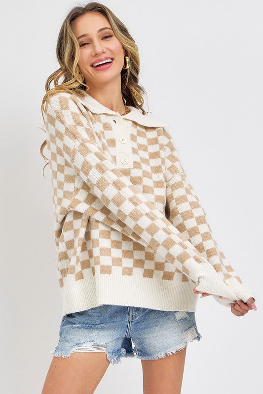 Beige Half Button Check Sweater