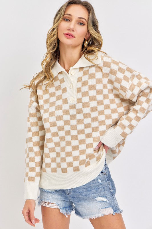 Beige Half Button Check Sweater