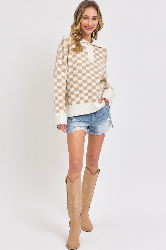 Beige Half Button Check Sweater