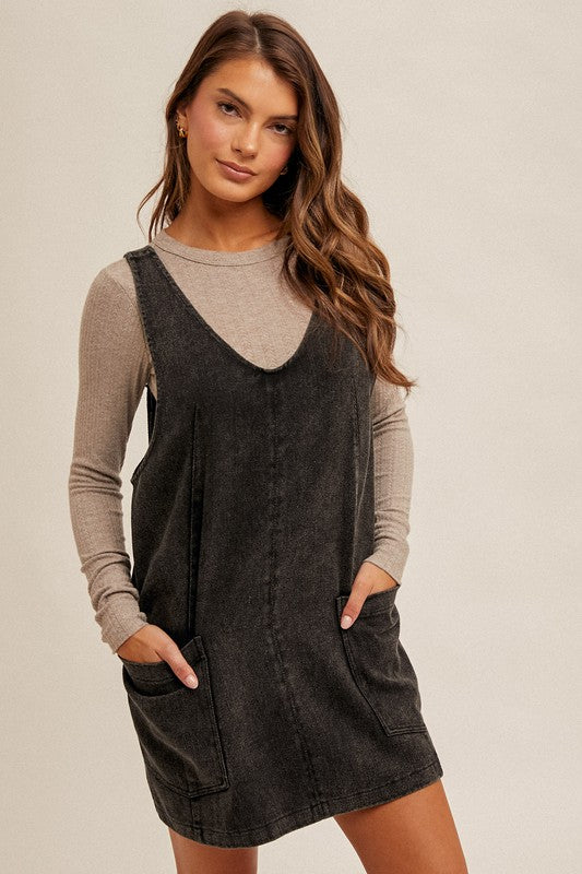 Black Snow Wash Overall Dress