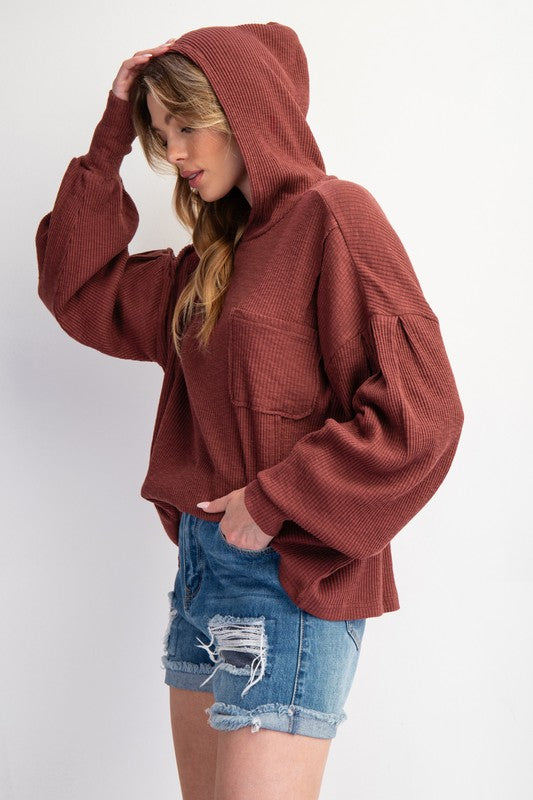 Wine Ribbed Knit Hoodie