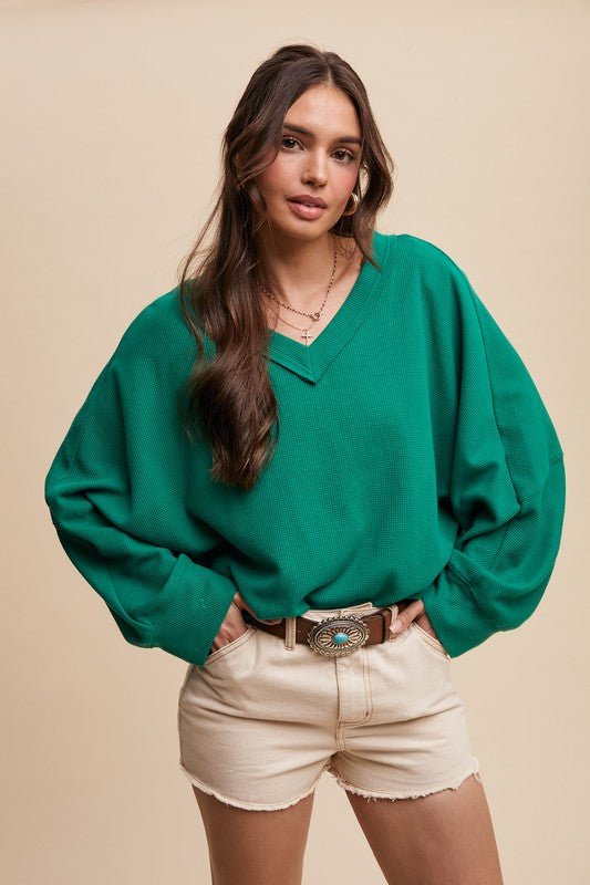 Green V-Neck Waffle Top