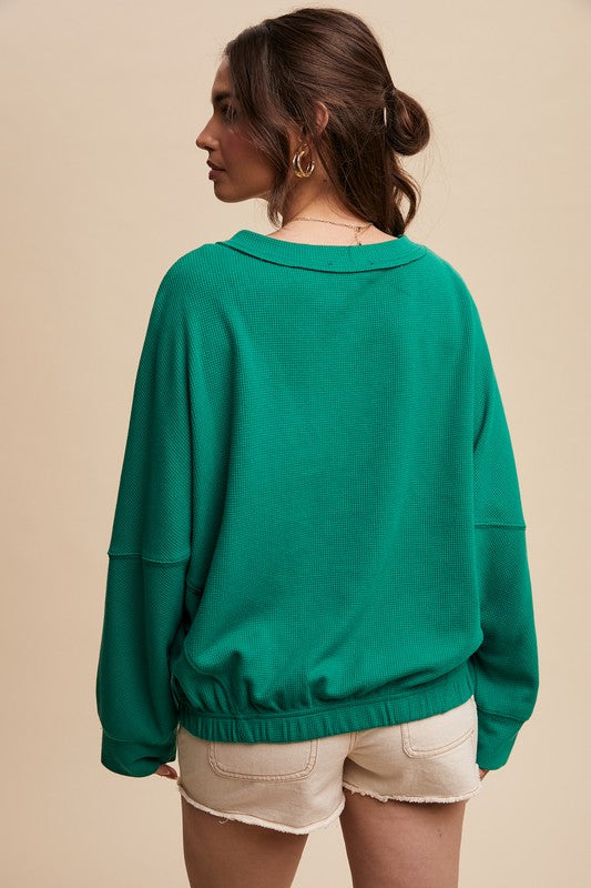 Green V-Neck Waffle Top