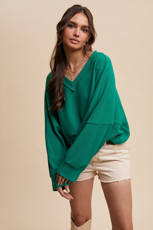 Green V-Neck Waffle Top