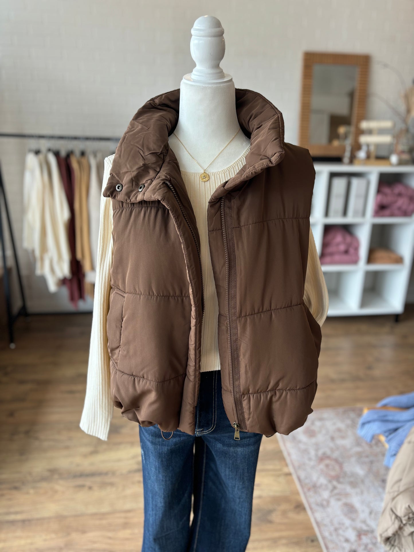 Brown Solid Puffer Vest