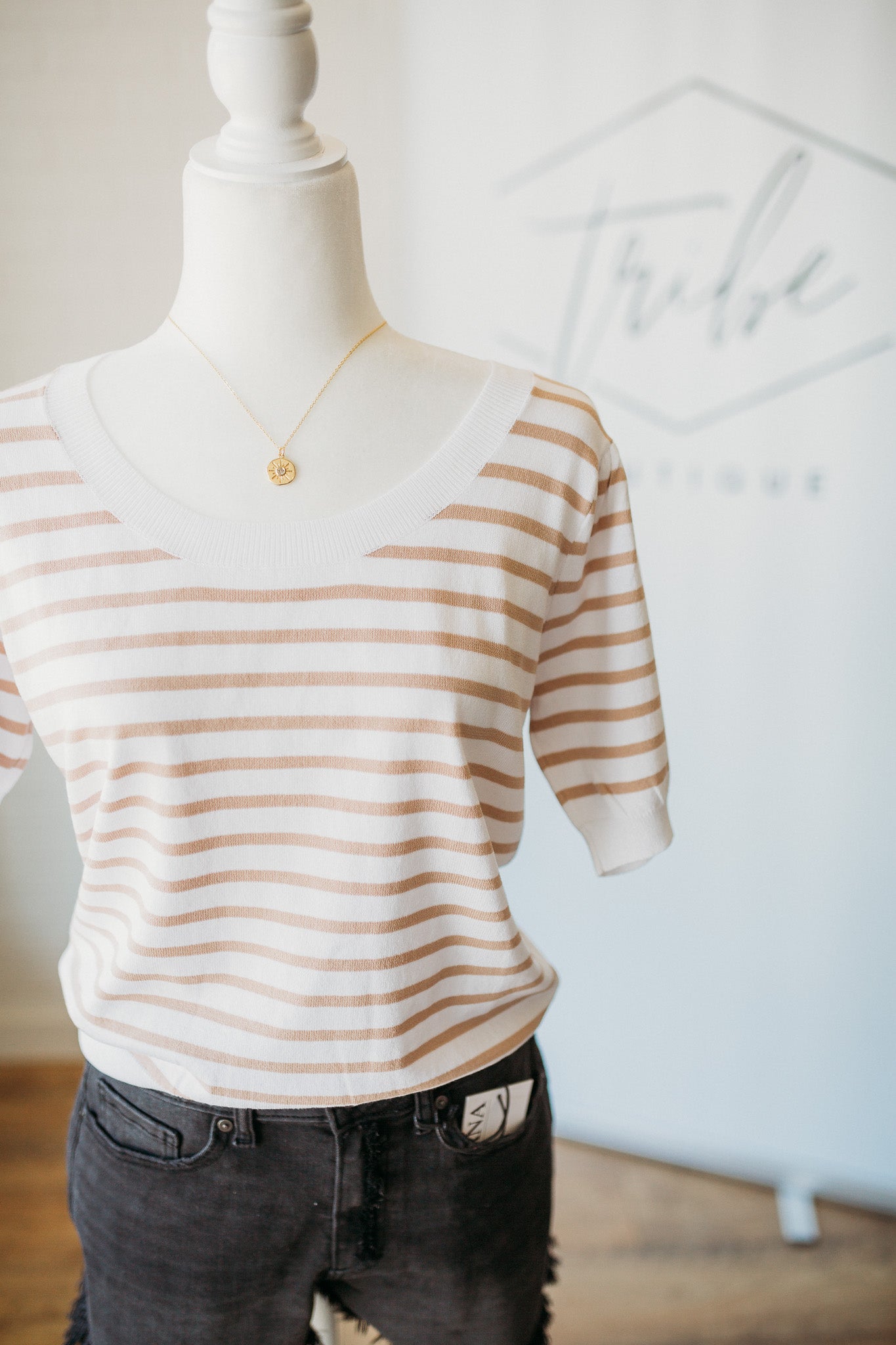 Taupe Striped Puff Sweater