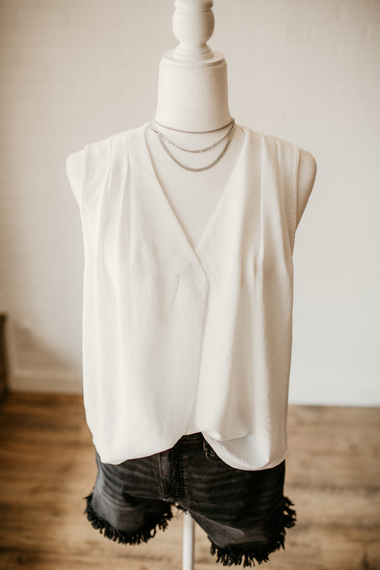 Solid Sleeveless Tuck Top Ivory/Orange