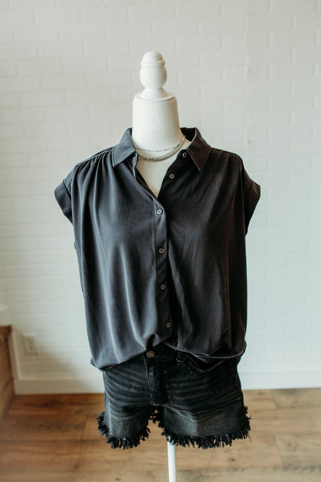 Black Rolled Sleeve Button Up