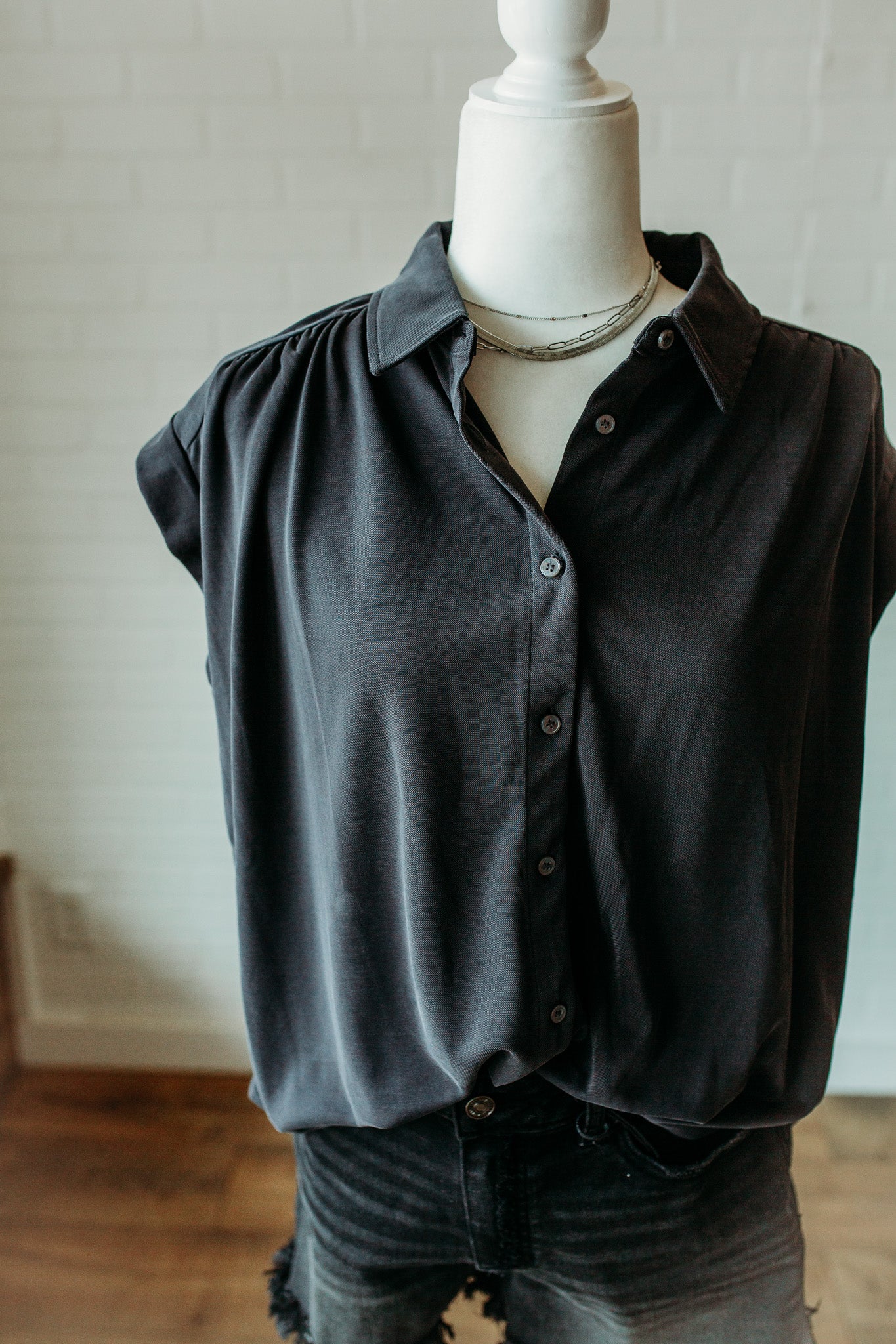 Black Rolled Sleeve Button Up