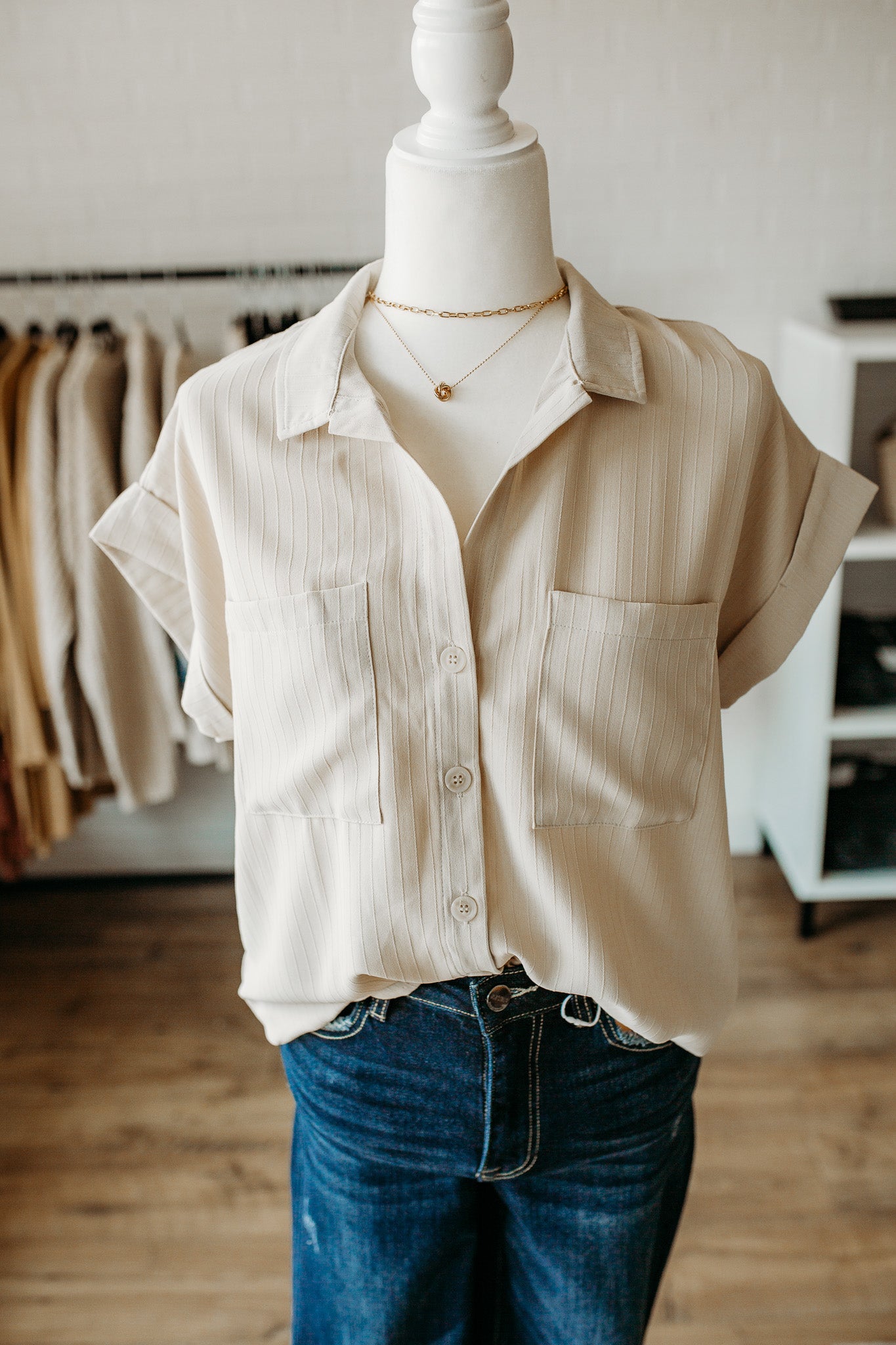 Light Khaki Folded Sleeve Top