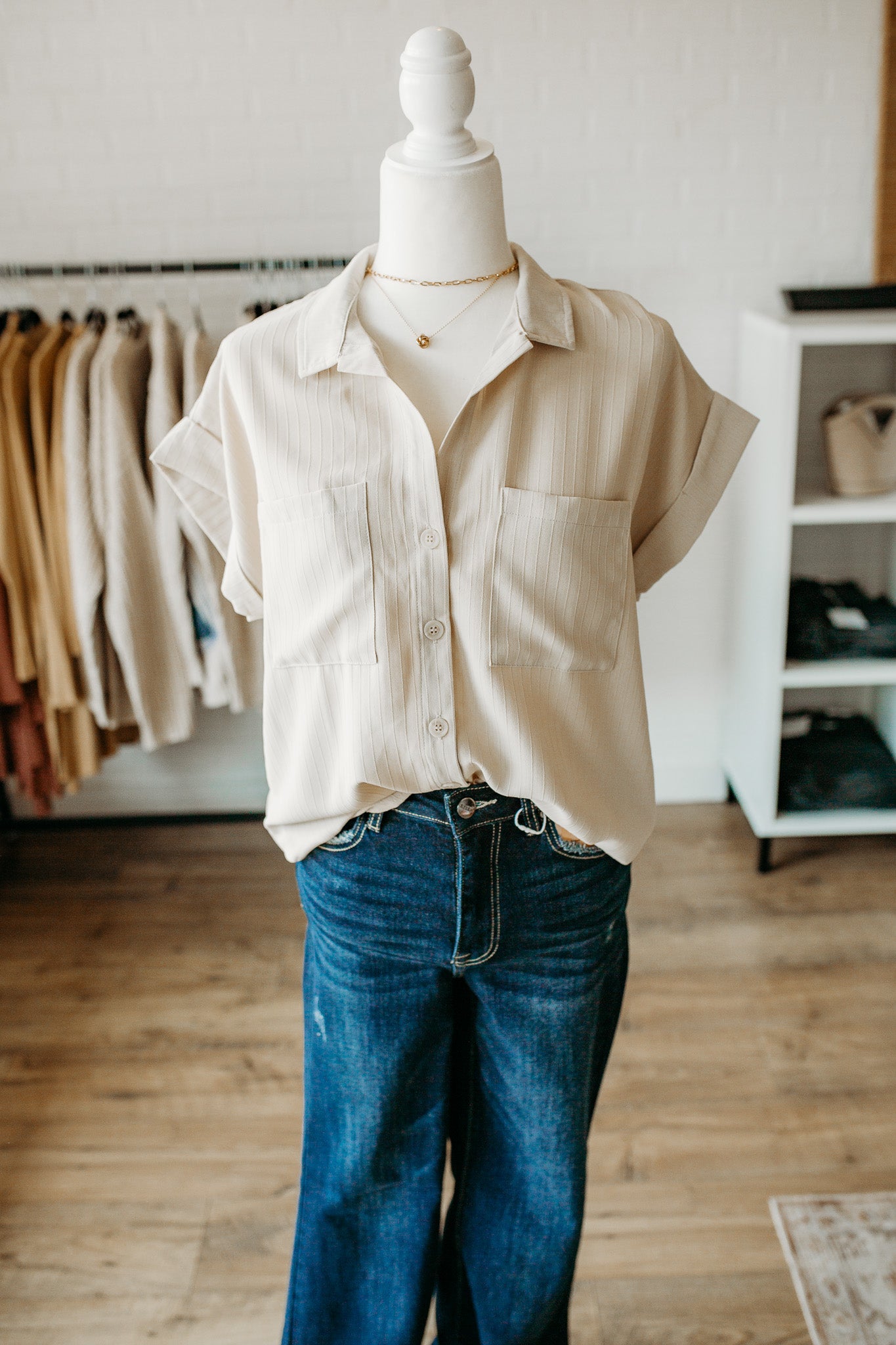 Light Khaki Folded Sleeve Top