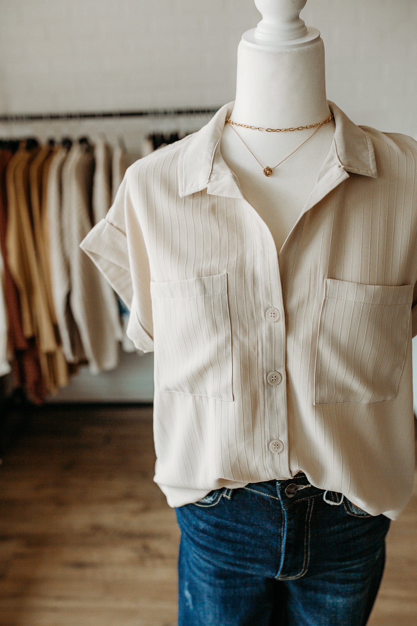 Light Khaki Folded Sleeve Top