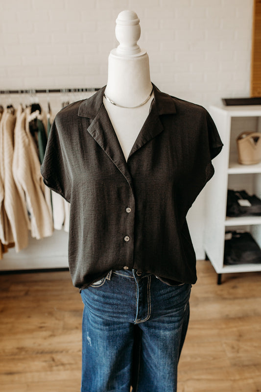 Black Drop Shoulder Button Blouse