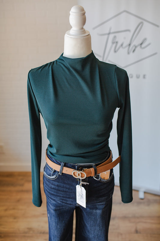 Hunter Green Shirring Mock Neck