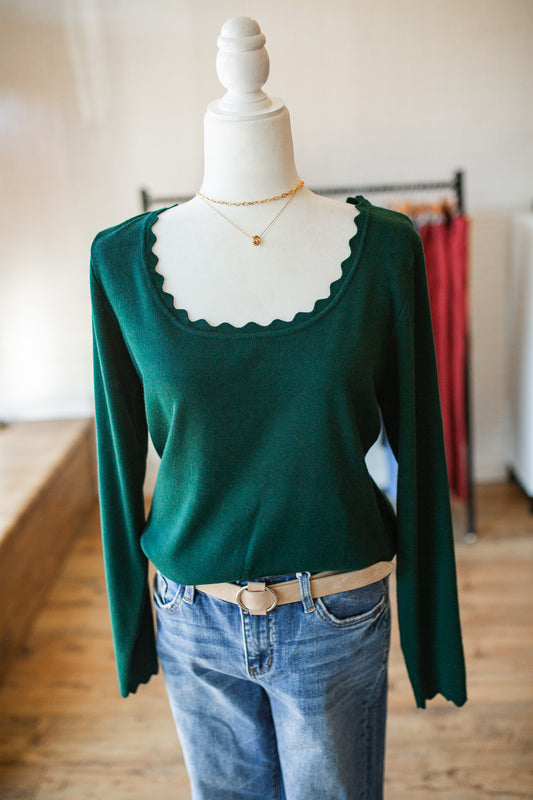 Green Curve Scalloped Sweater