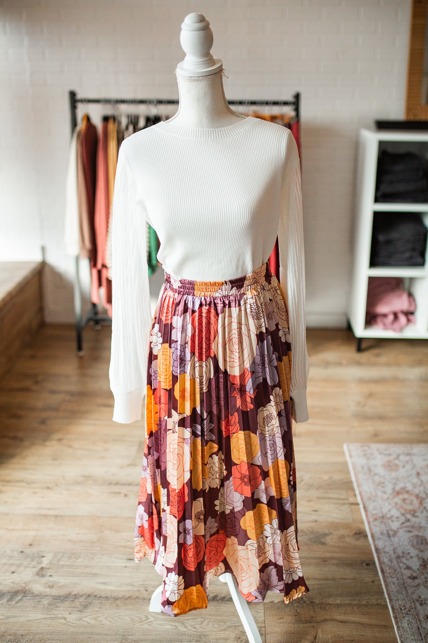 Maroon Floral Pleated Skirt