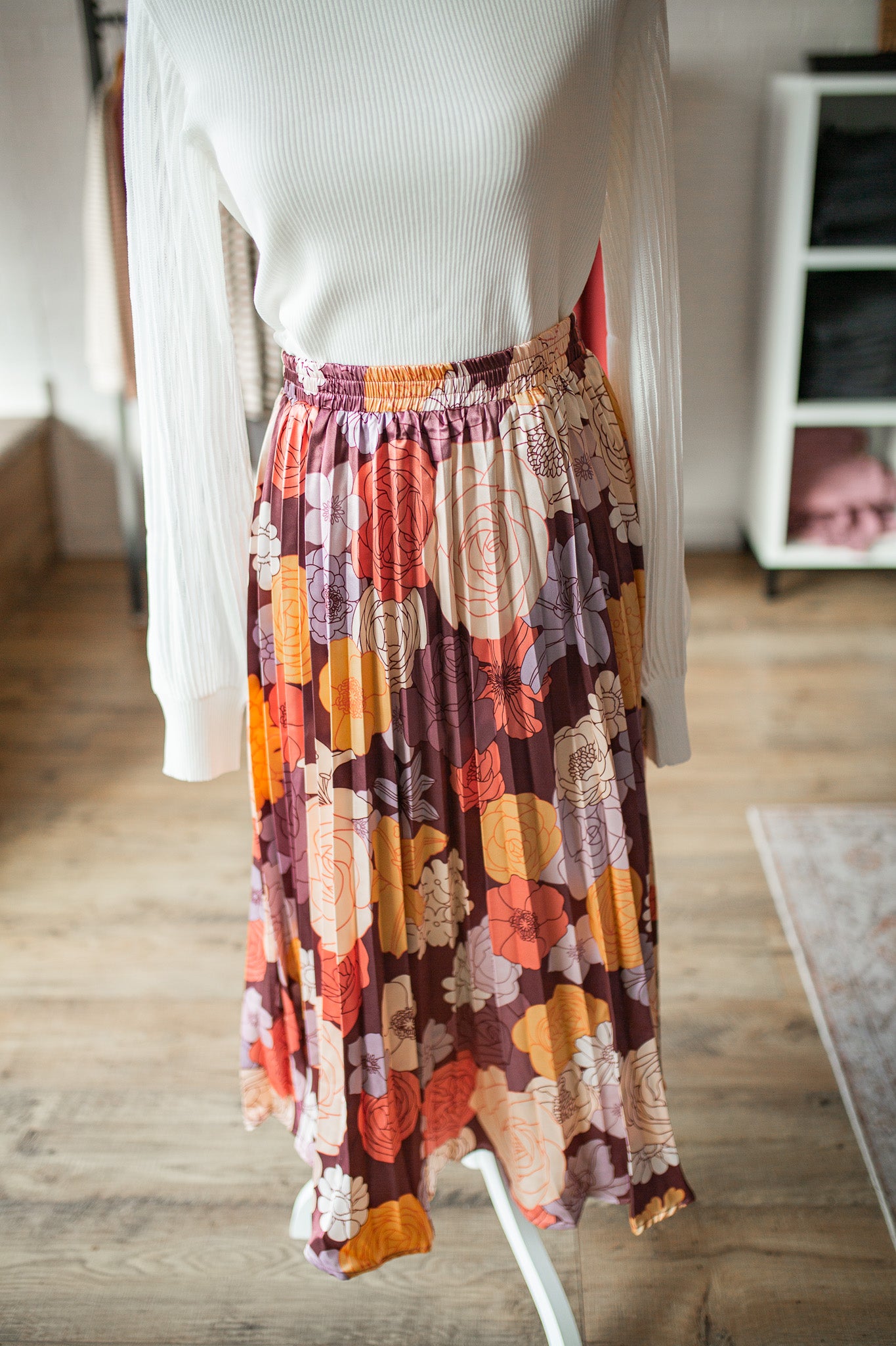 Maroon Floral Pleated Skirt