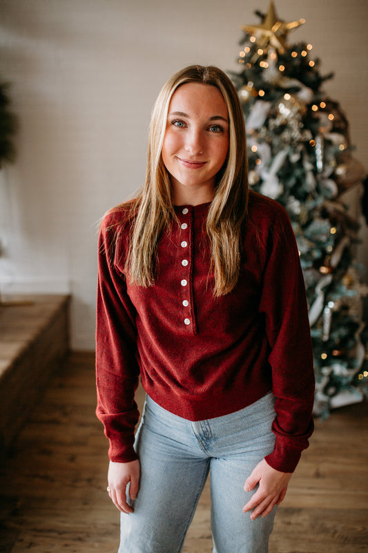 Wine Half Button Sweater