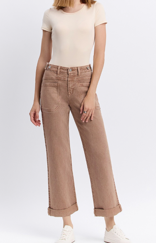 Warm Taupe Cuffed Wide Leg Denim