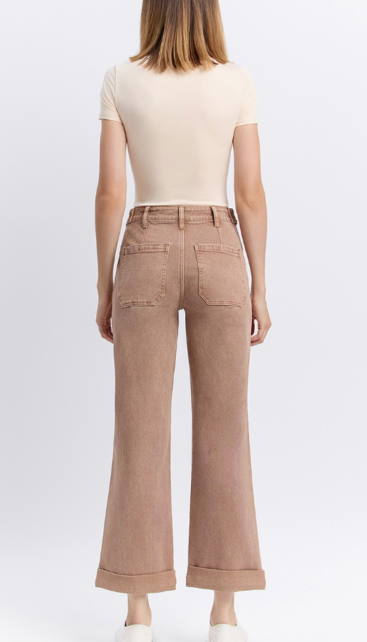 Warm Taupe Cuffed Wide Leg Denim