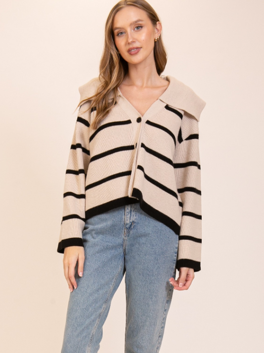 Khaki Black Striped Knit Cardigan